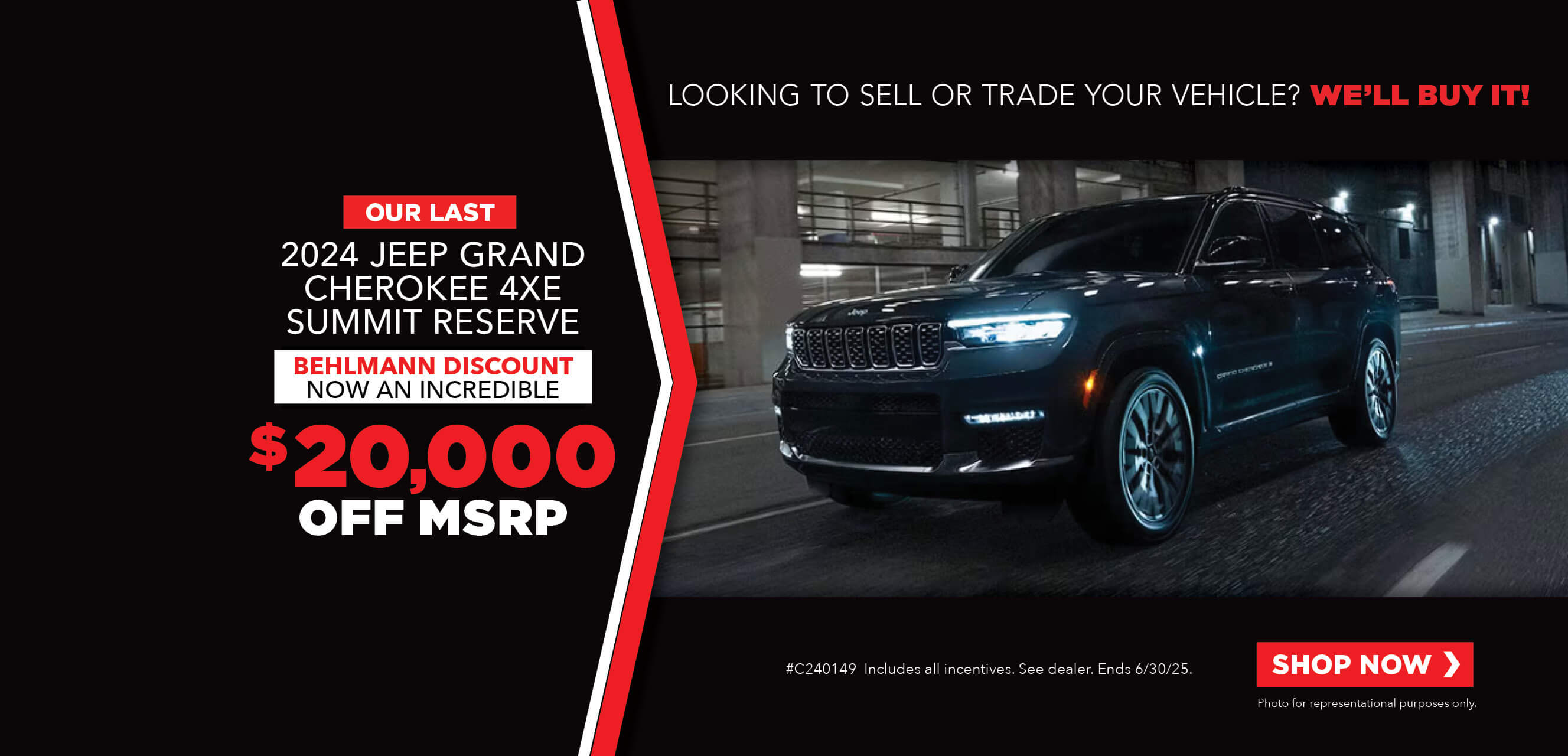 Gray SUV with advertising slogans: Employee Pricing Plus event at Behlmann! Now up to $20,000 off MSRP on 2024 Jeep Grand Cherokee 4XE Summit Reserve.